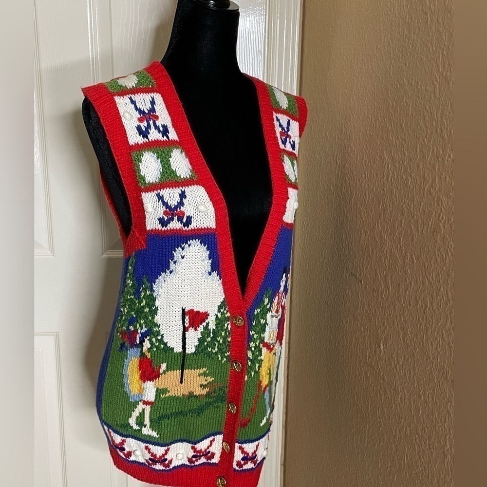Marisa Christina Colorful Golf Knit Pullover Sleeveless Womens L Vintage Sweater